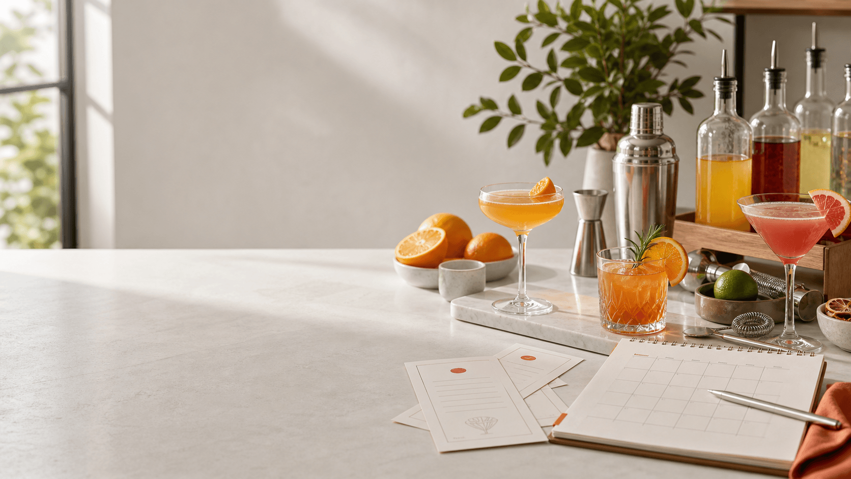 A prepared hospitality workspace with cocktails, bar tools, and an event planning notebook