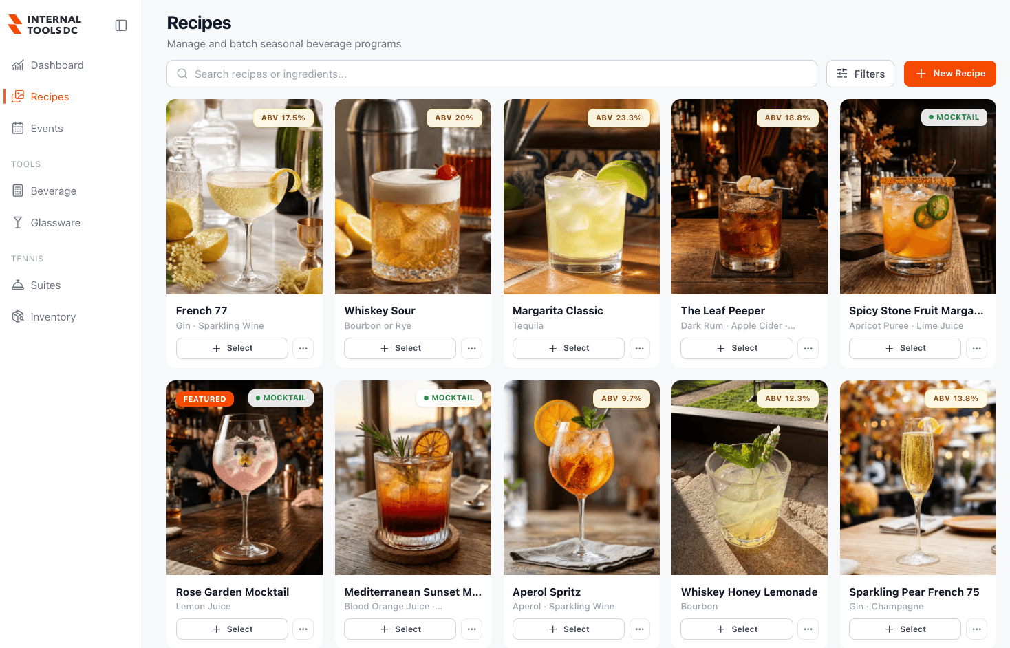 The Recipes tool showing a searchable library of beverage recipes with photos, ABV, and batch options